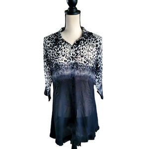 Jerry T Black & Cream Chiffon Animal Print Ruffle Button Front Tunic Dress L